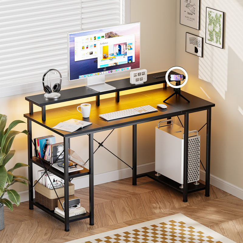 Reversible Computer Desk with LED Lights, Built-in Power Outlet & Storage Shelf, Black