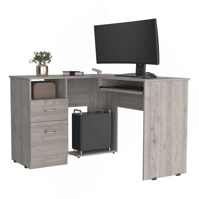 Bureau d'ordinateur en L gris à 2 tiroirs et 1 tablette