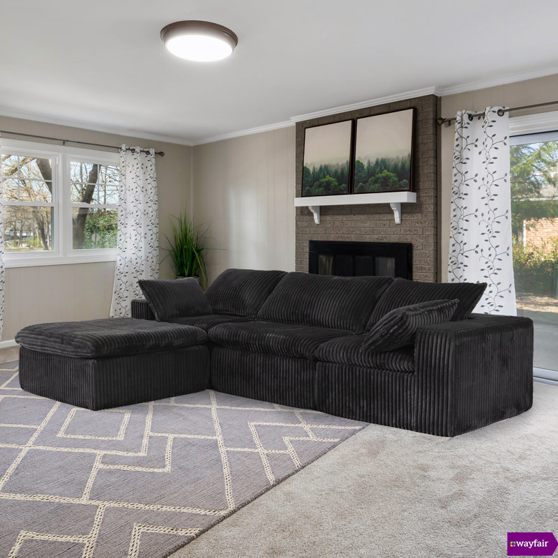 Nikodemos 118.2 "W Fully Compressed Cloud Sofa With One Ottoman, Corduroy Fabric, Deep-Seat Style, Removable Cushions, No Assembly Required