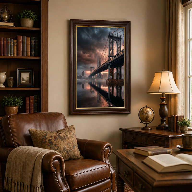 «Suspension Bridge Over Water with City Skyline», art mural, H 18 po x l 12 po