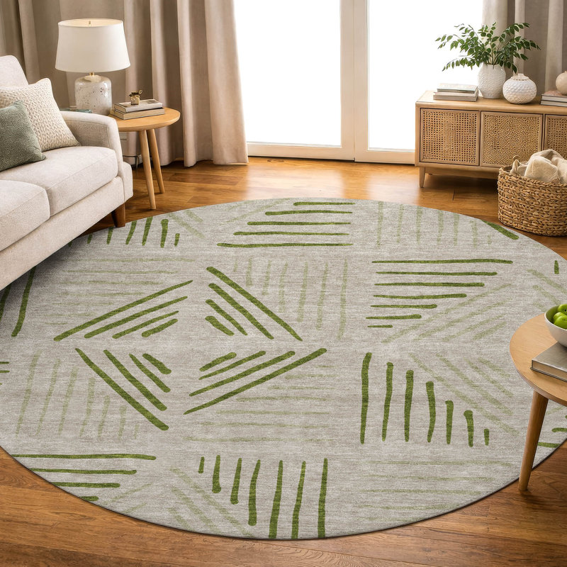 Premium Machine Washable Mayfield AMF2413 Geometric Rug, Flax, 8' Round