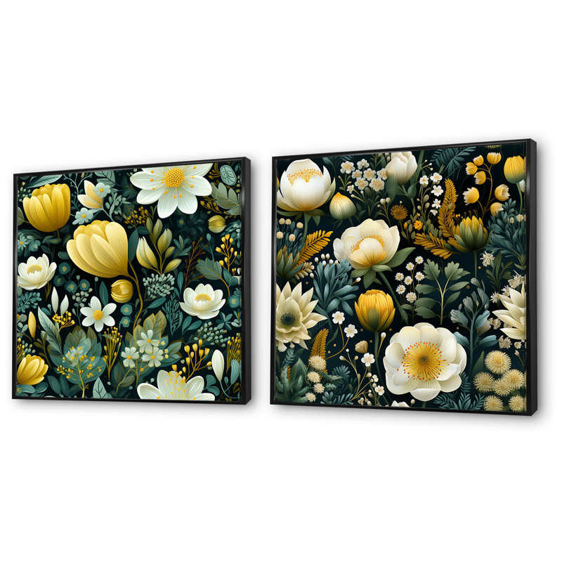 Bertille - Ensemble de 2 reproductions de toiles abstraites botaniques, H 36 po x l 73 po x P 1,5 po, Cadre noir