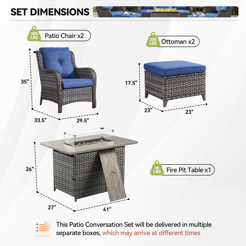  Ensemble de mobilier d'extérieur 5 pièces, 2 chaises de patio, 2 repose-pieds et table de foyer 55 K BTU, Bleu, Gris