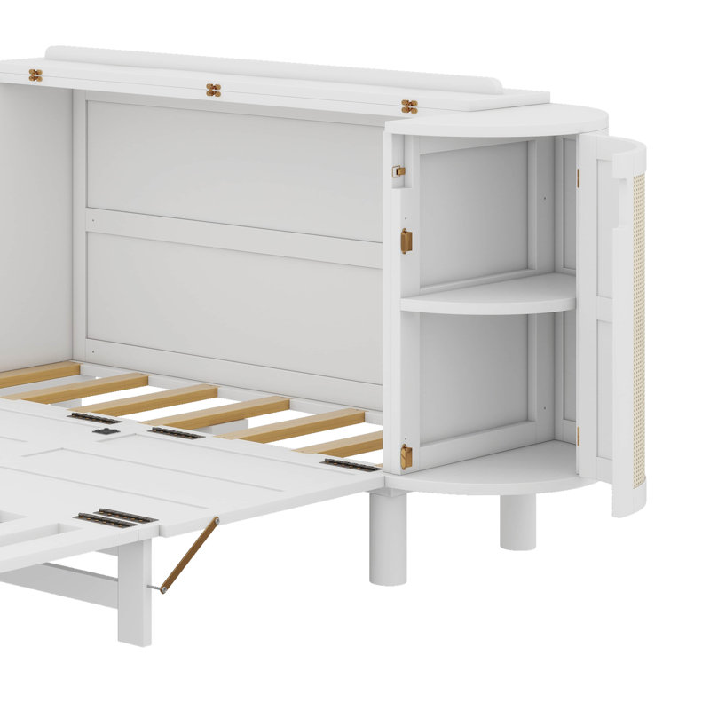 Lit escamotable avec rangement caché et motif tissé moderne, Blanc, Grand lit