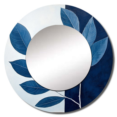 Blue Indigo Leaves Harmony I - Leaves Unique Mirror, Blue Large Round Wall Mirror, Printed Metal Art