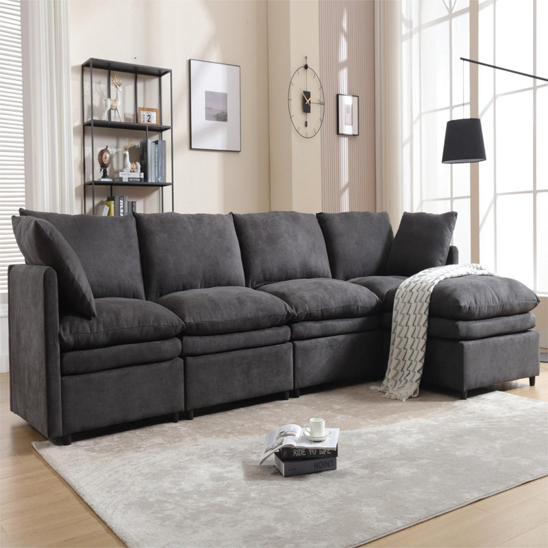Canapé modulaire en polyester 5 places avec repose-pieds, Polyester gris foncé