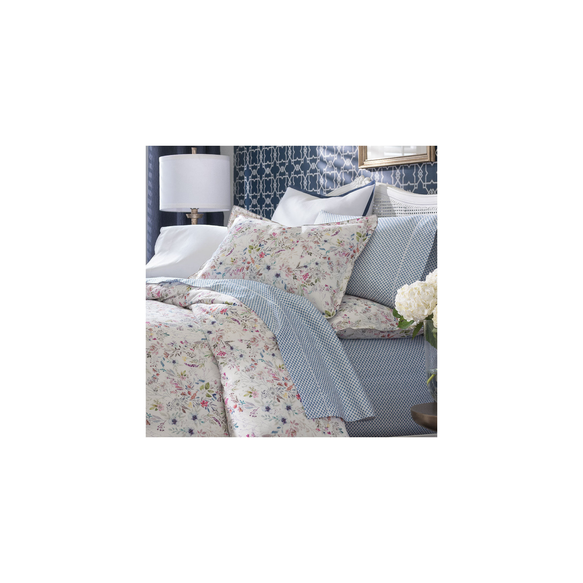Emma 300 Thread Count Geometric 100% Cotton Flat Sheet, Twin, Blue