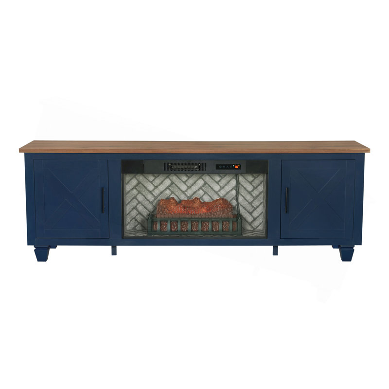 1 console multimédia avec foyer électrique bleu flammes, armoire latérale avec trous réglables, grille pour bûches, finition deux tons