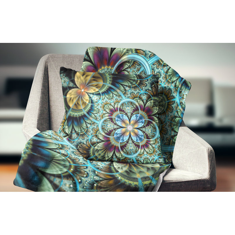 Fractale fleurs bleu foncé orange - coussin imprimé floral, 18 po x 18 po, Coussin décoratif