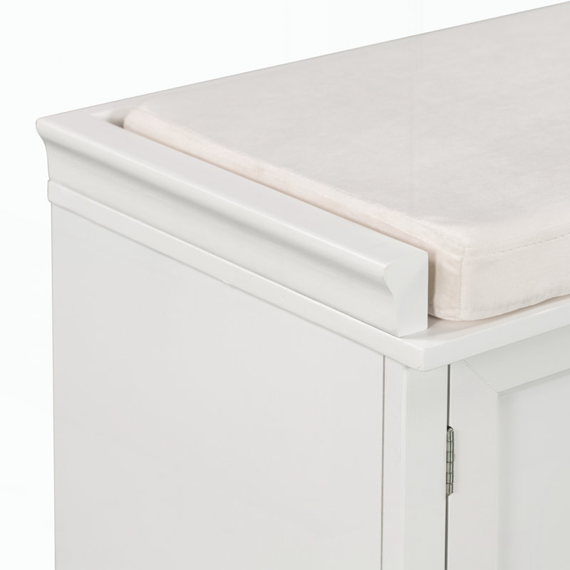 Banc de rangement avec 2 tiroirs et 2 armoires, banc à chaussures avec coussin amovible, Blanc