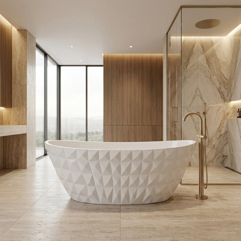 Knightsbrook 64" x 33" Freestanding Solid Surface Stone Resin Oval Double Slipper Diamond-Patterned Soaking Bathtub with Matte White Finish
