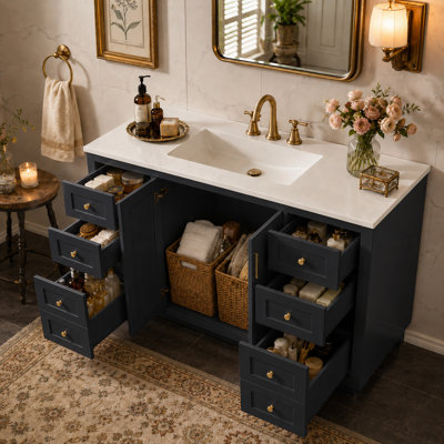 Meuble-lavabo simple de 48 po avec comptoir en composite, meuble-lavabo autoportant en MDF avec 6 tiroirs et 2 portes à fermeture en douceur