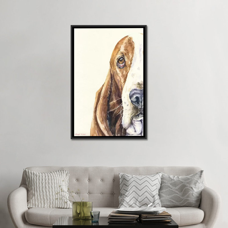 «Basset on White» par George Dyachenko - reproduction d'art sur toile tendue, H 26 po x l 18 po x P 1,5 po, Pas de tapis