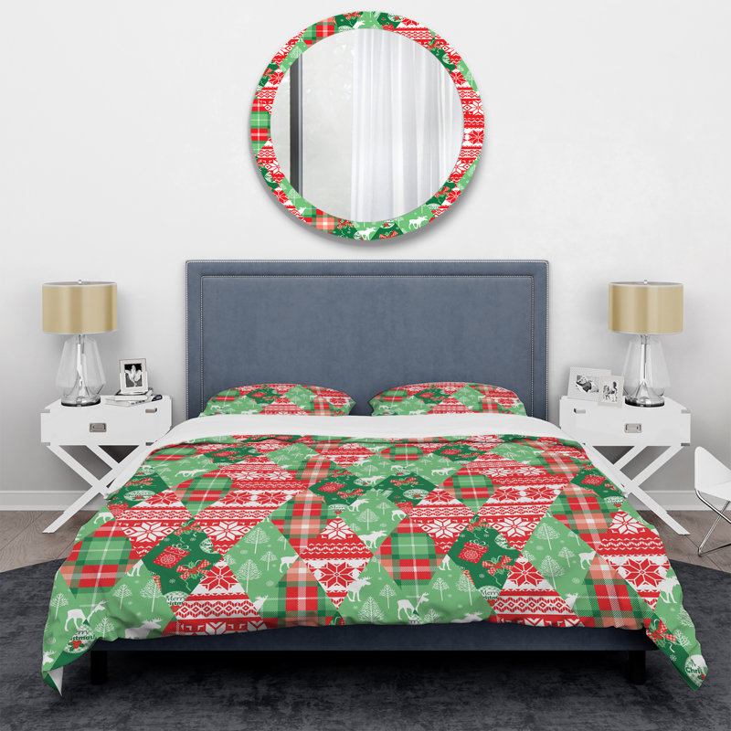 Patchwork vert et rouge - ensemble de housse de couette abstrait - microfibre de polyester