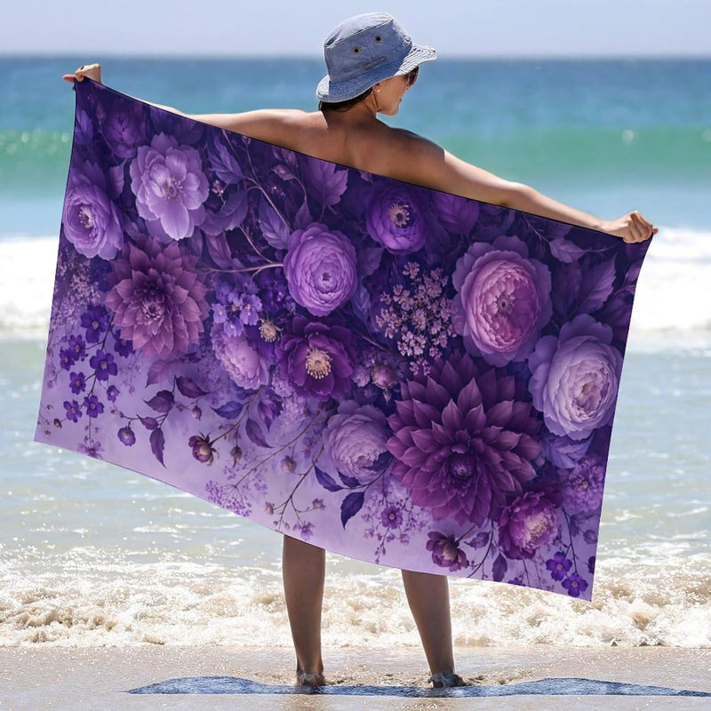 Serviette de plage surdimensionnée à motif floral violet dégradé, douce et absorbante, idéale pour la plage, la piscine, la salle de bain, les voyages, le gymnase et le camping. Dimensions : 76 x 152 cm.