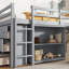 Lit mezzanine polyvalent avec armoire à tiroirs, armoire à tablettes, bureau coulissant et garde-corps de sécurité-1650223420