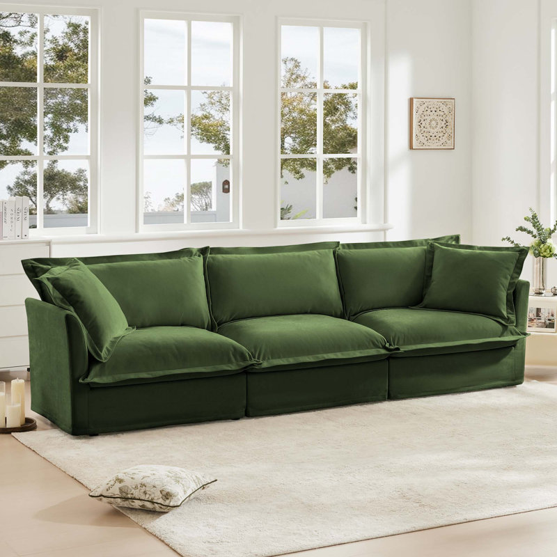 Canapé confortable à trois places avec coussins moelleux et accoudoirs relaxants pour le salon, Chenille verte