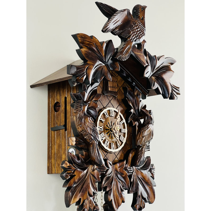  Eight Day Cuckoo Clock – 16 in Height – Three Hand-Carved Birds & Seven Leaves