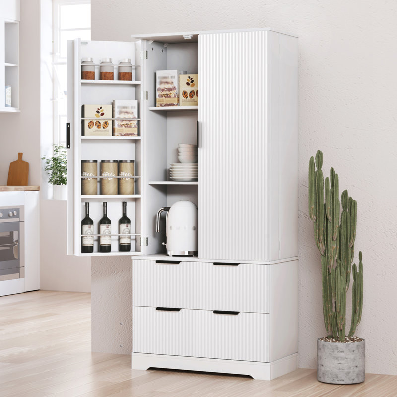 Armoire de cuisine 72 po avec 2 grands tiroirs et un support à épices à 8 portes, organisateur de rangement autoportant pour salle de bain, salle à manger, bureau, vestibule