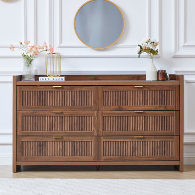 Commode double en bois 55,1 po à 6 tiroirs avec façade cannelée