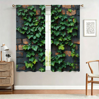 2 pièces rideaux à motif de feuilles de lierre vert, tissu filtrant la lumière, motif de mur de brique rétro, parasol et protection de la vie privée, conception de passe-tringle pour le salon, la chambre à coucher, le balcon, la cuisine