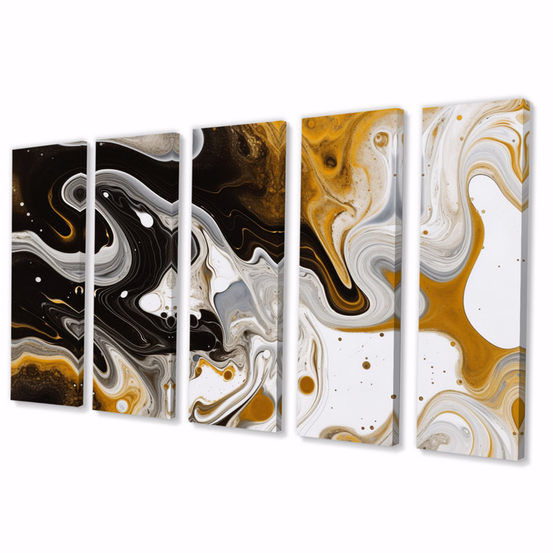 Vague de marbre doré et noir V - art mural sur toile Fractals - 5 panneaux égaux