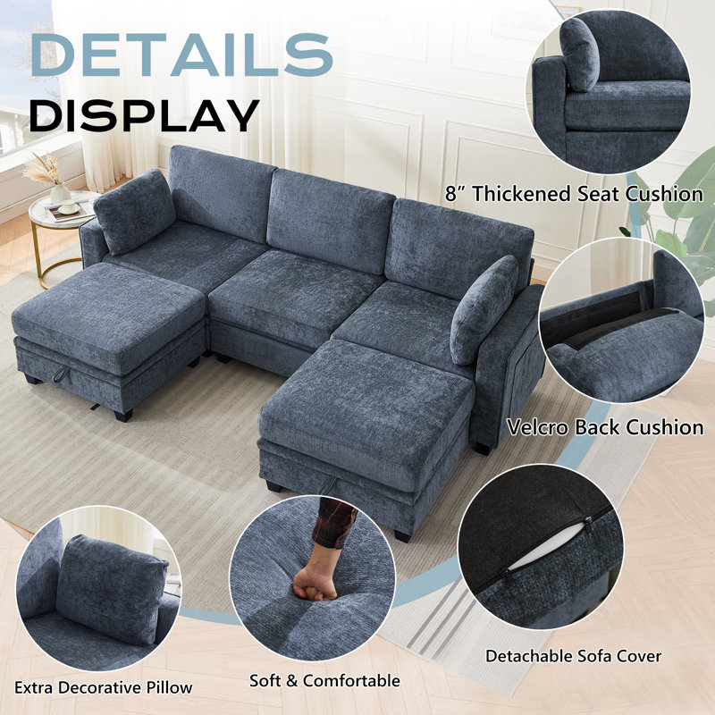 Canapé modulaire de 101 po avec repose-pieds avec rangement, très grand canapé modulaire en forme de U et canapé modulaire pour salon Canapé profond en chenille confortable avec méridienne
