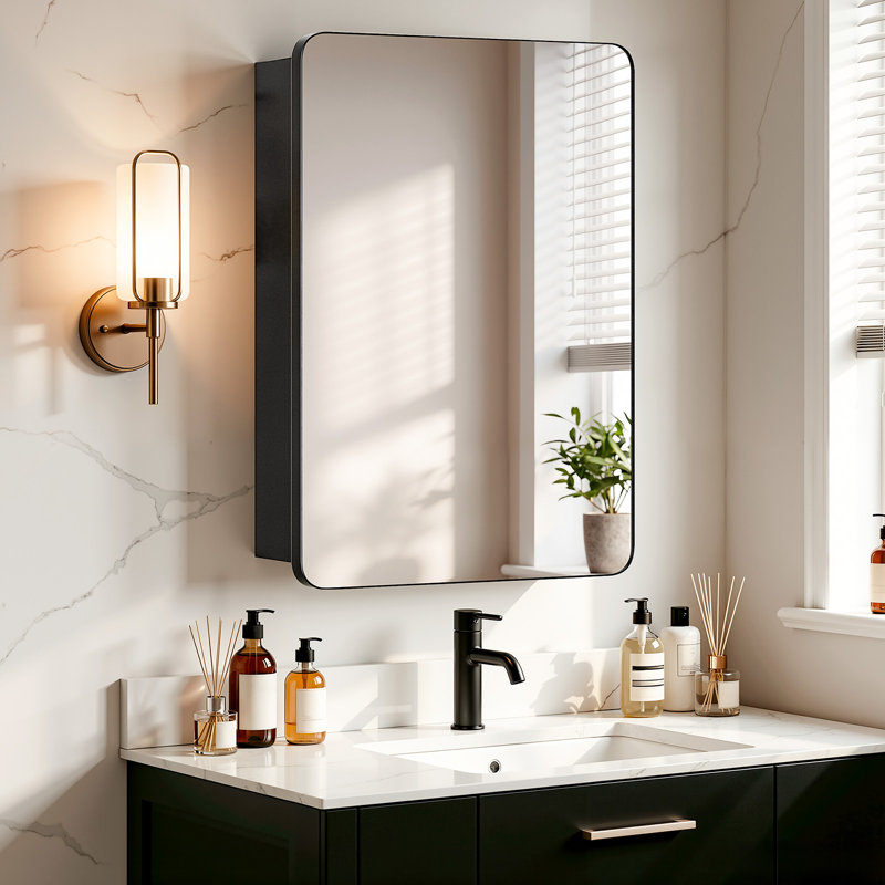 Recessed or Surface Mount Medicine Cabinet with Mirror & Adjustable Shelves & Behind-the-door Storage