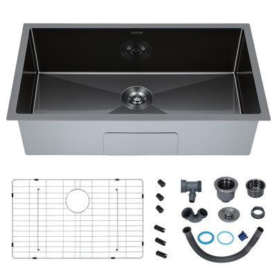 Évier de cuisine encastré de 81 cm (32 pouces), en acier inoxydable 304, à cuve avec bonde en forme de X, avec grille de vidange, crépine et kit de plomberie, noir.