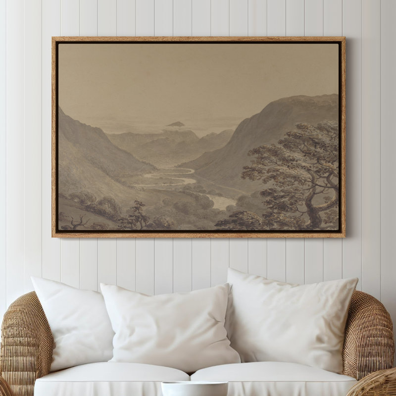 Art mural encadré sur toile - Paysage de vallée de montagne sépia rétro avec rivière et collines lointaines - 16 po x 24 po, 24 po x 36 po