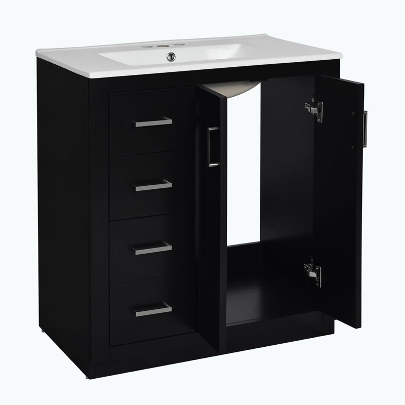 Meuble-lavabo de salle de bain avec lavabo en céramique à 3 tiroirs et portes à fermeture douce, Noir, noir, noir, noir