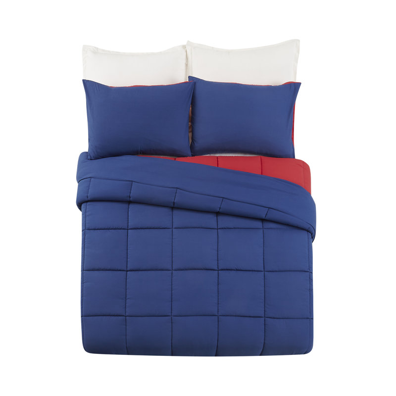 Peyton Solid Blue/Red Reversible Microfiber Comforter, Twin/XL Twin Comforter + 1 Sham