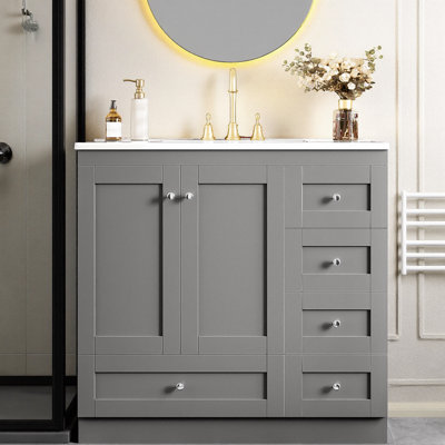 36" Shaker Bathroom Vanity with Ceramic Sink & Soft-Close Storage | Modern Touch for Small Spaces