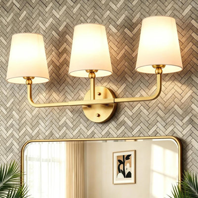 Bathroom Light Fixtures, 3-Light Brushed Gold Vanity Lights, Bathroom Lighting Fixtures Over Mirror with Flared White Fabric Shade, Modern Wall Sconces for Living Room Hallway