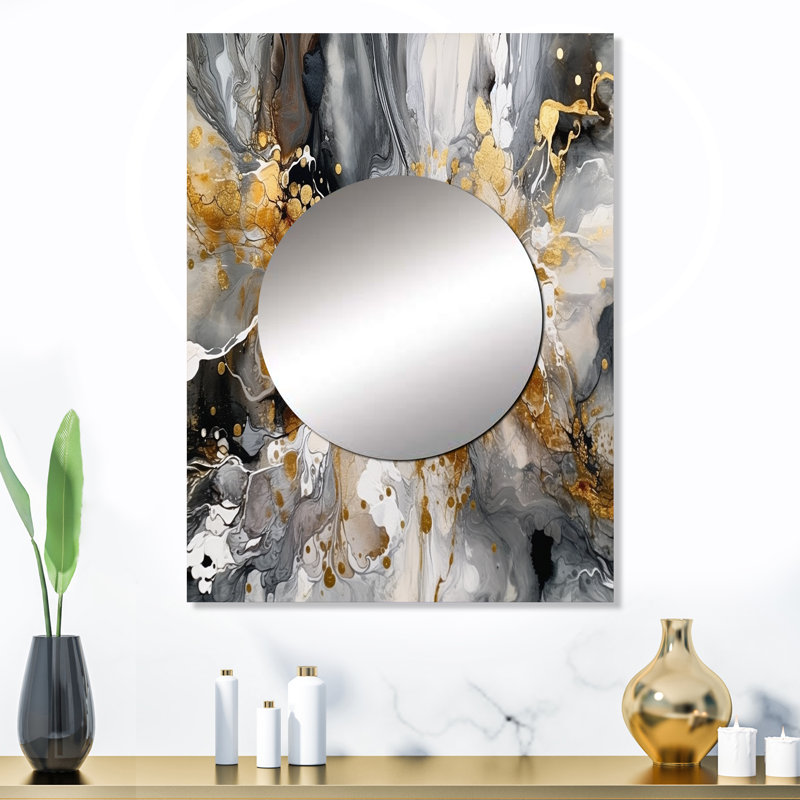 Javuneesha gris doré délicat abstrait coups de pinceau IV - grand miroir mural en marbre, miroir décoratif moderne, art imprimé en métal
