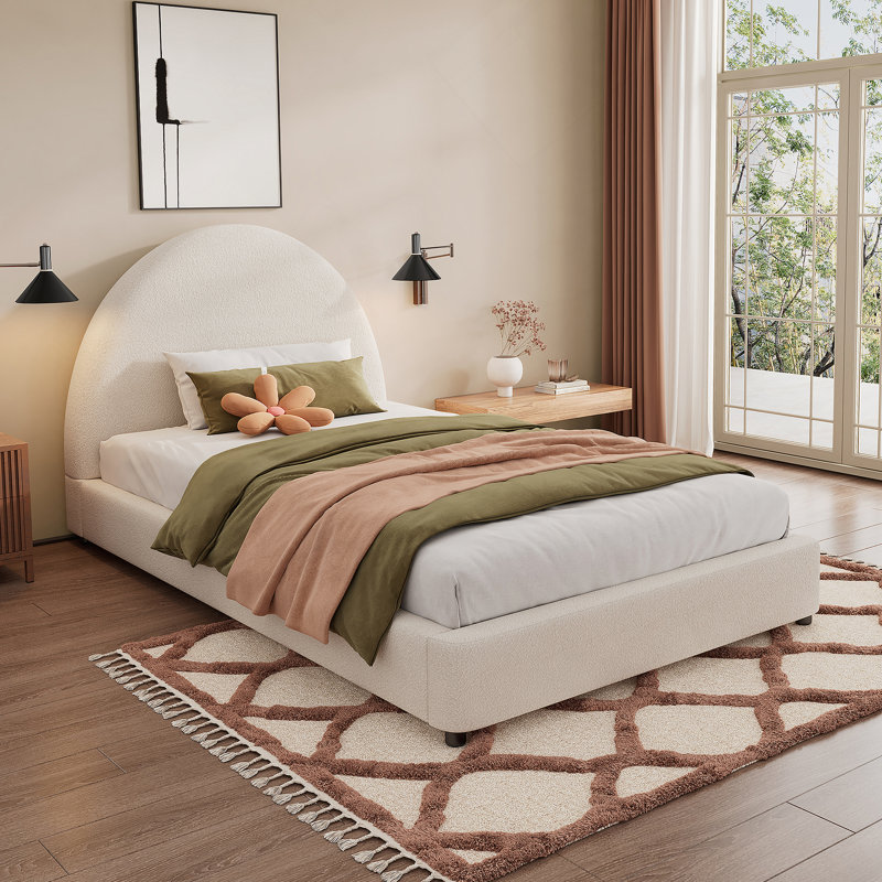 Structure de lit simple avec tête de lit arrondie rembourrée Boucle, blanc