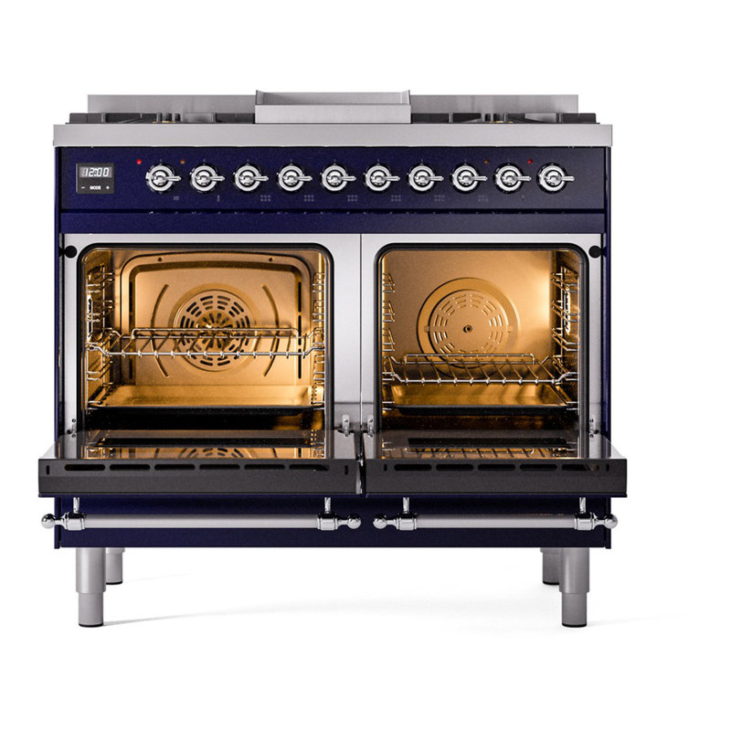 ILVE Nostalgie II 40 in Dual Fuel Range, Midnight Blue/Chrome, Liquid Propane