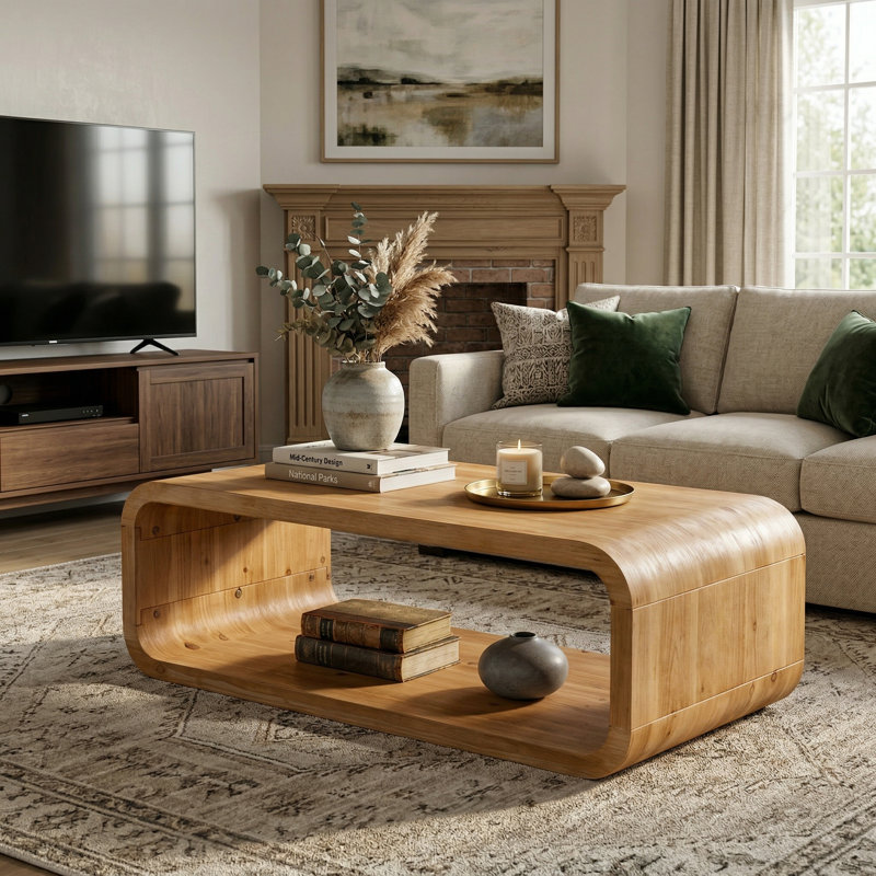 Table basse incurvée à structure ouverte avec tablette de rangement, finition bois clair
