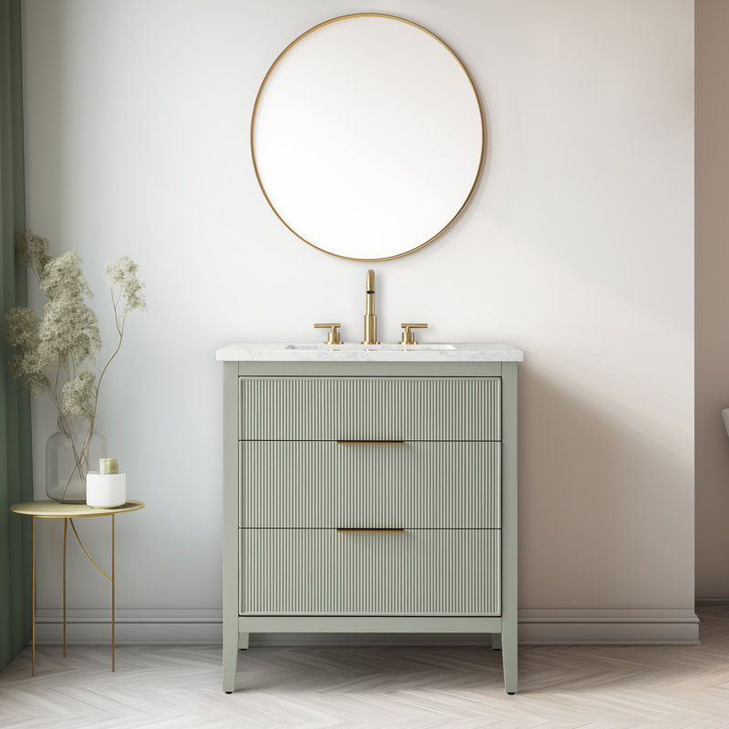 Bilroy 30'' Single Sink Bathroom Vanity with Engineered Stone Top, Light Sage