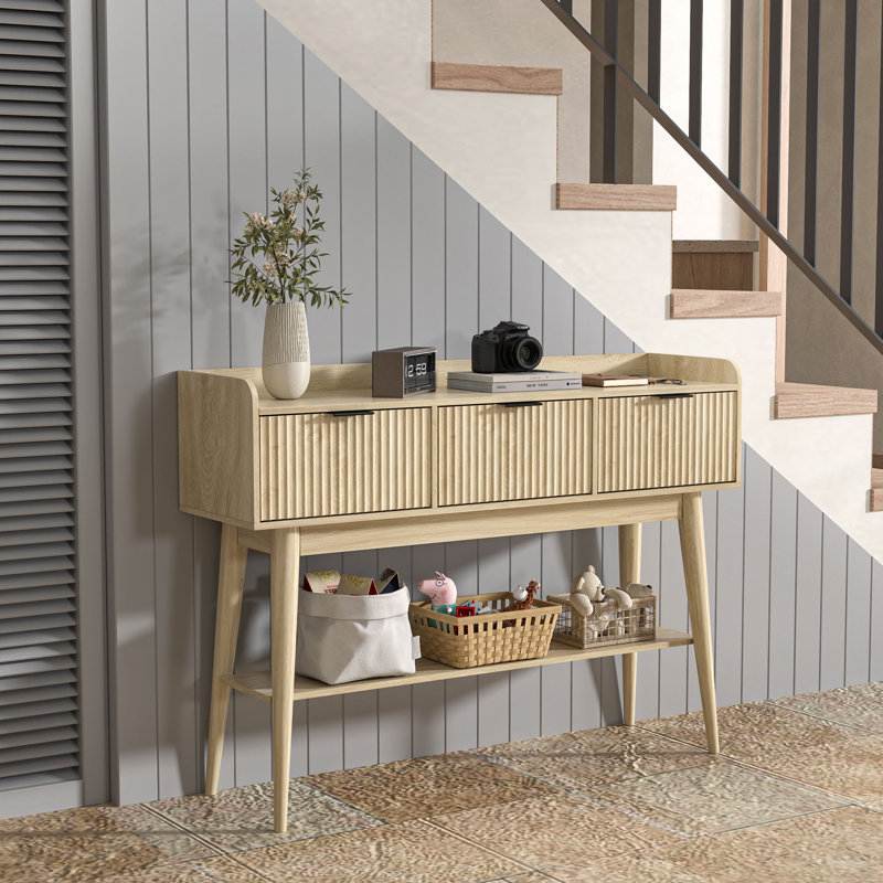 Fluted Console Table With 3 Drawers And Open Storage Shelf, Console Sofa Table For Living Room, Natural
