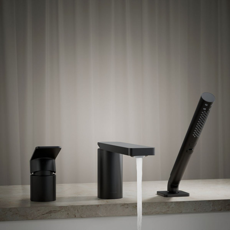 Parallel Single Handle Deck Mount Bath Faucet with Handshower, Matte Black