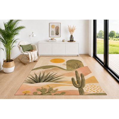 Tapis désert «Ultra Léger» 5 pi x 7 pi, imprimé botanique soleil de cactus du Sud-Ouest, tapis beige neutre en terre cuite vert sauge pour le salon, la chambre à coucher, la salle à manger et la chambre de bébé