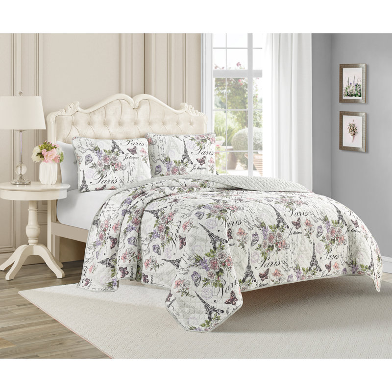 Paris Floral Gray Cotton Full Reversible Quilt Set