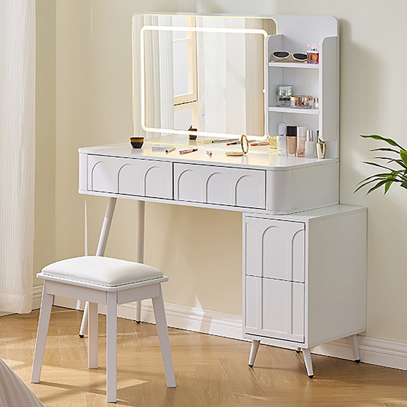 Ensemble coiffeuse moderne avec lumières DEL et miroir, coiffeuse 4 tiroirs avec tabouret, Blanc