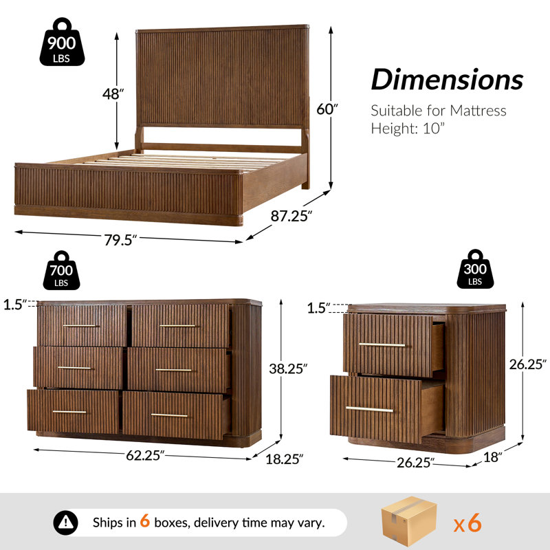 Graciana 4-Piece Fluted Solid Wood Bedroom Set, Walnut, King