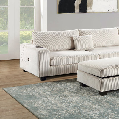 Ivory Color 3Pc Sectional Set Corduroy Upholstered Laf Sofa Raf Chaise Ottoman L-Sectional Living Room Furniture