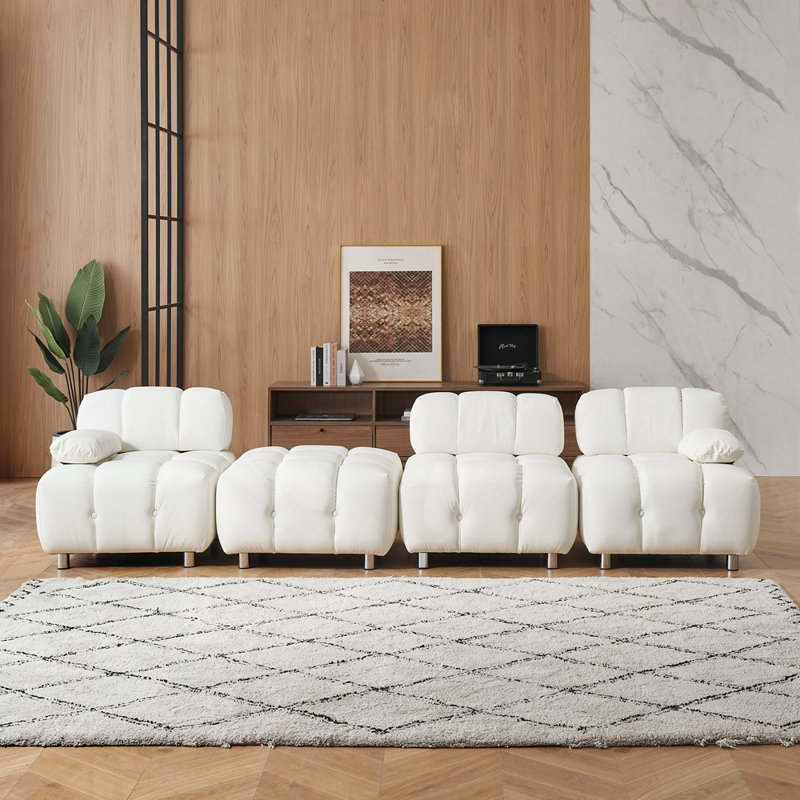 Tufted Upholstered Sofa, White Leather, 27.56" H x  90.6" W x 33.5" D