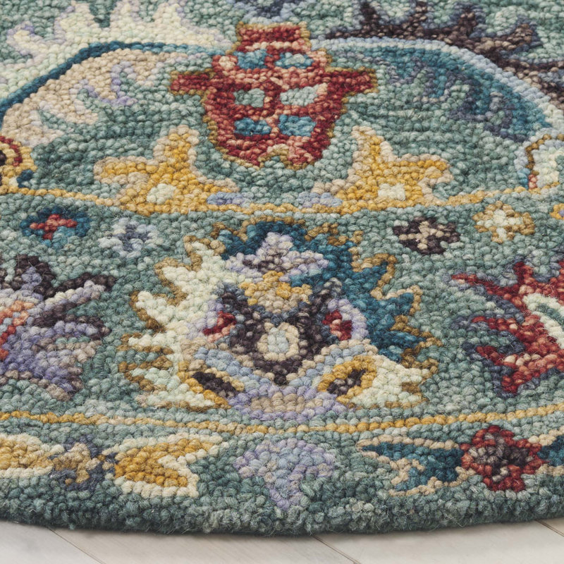Shuo Tufted Wool/Cotton Performance Floral Rug in Blue/Rust, Round 6'