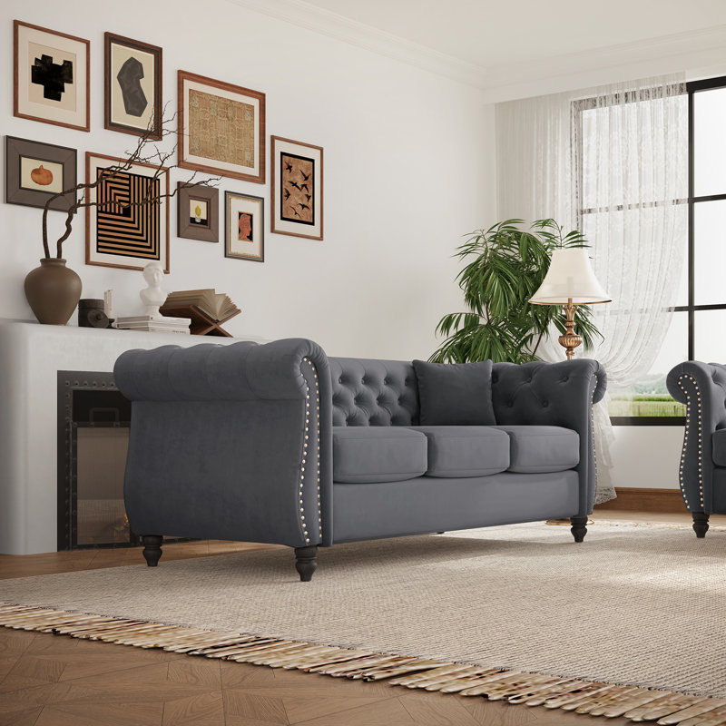 Chesterfield Velvet Sofa With Tufted Back, Rolled Arms & Nailhead Trim, Upholstered Couch For Living Room, Gray, 3