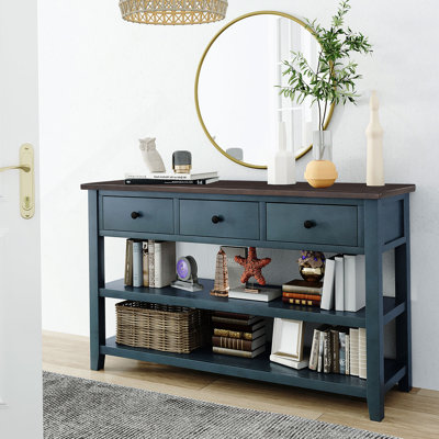 Console rétro avec deux tablettes ouvertes, structure en bois de pin massif et pieds pour le salon (bleu marine)